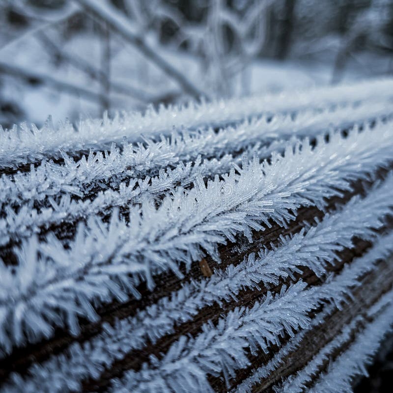 Eine Nahe von zarten Frostkristallen bildet sich entlang der Holzberge. stock abbildung