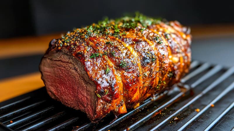 Eine perfekt gekochte Rippenbrasse mit hausgemachten Kräutern und ruhen auf einem Kühlregal dieses köstlichen Braten lizenzfreie abbildung