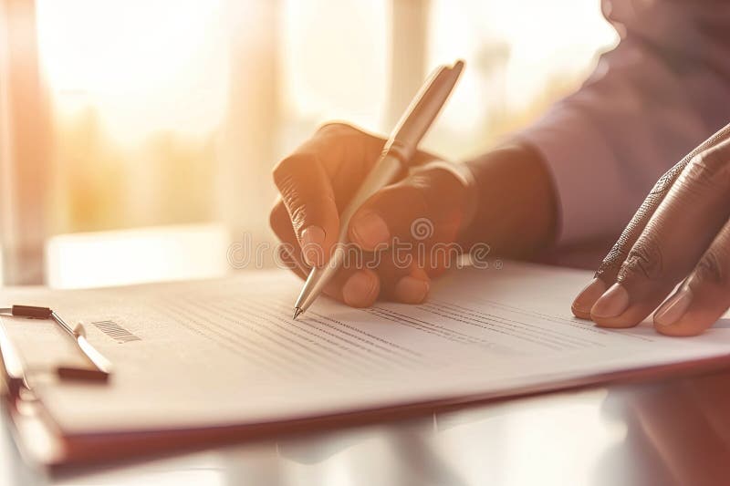 Eine Person darauf fokussiert ist, mit einem Stift auf ein Blatt Papier zu schreiben. Eine Person schreibt per Hand mit einem Stift auf einem Stück Papier auf einem Schreibtisch mit Daumen und Nägeln, um handgeschriebenen Text zu erstellen. Die Szene zeigt handgeschriebene Schriftart auf der Tabelle ai generiert