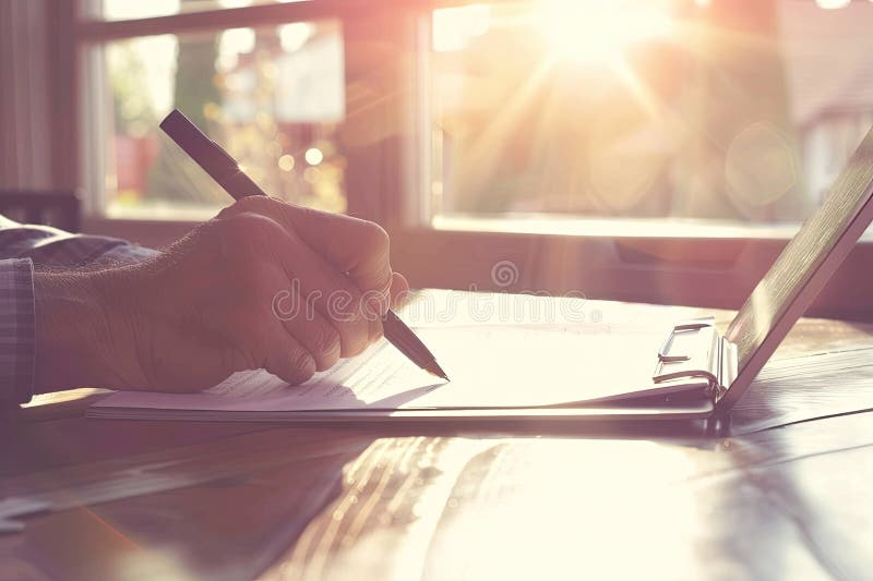 Eine Person darauf fokussiert ist, mit einem Stift auf ein Blatt Papier zu schreiben vektor abbildung