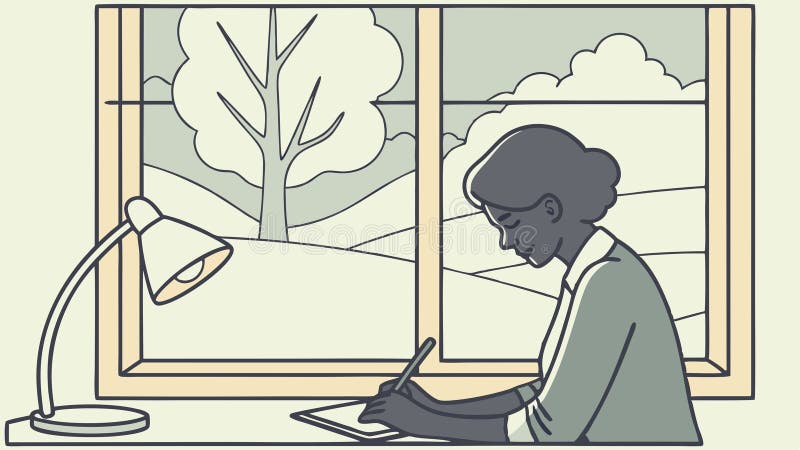 Eine Person, die an einem Schreibtisch durch ein Fenster in einem gemütlichen Raum schreibt, in dem Vektordesign Generative AI vektor abbildung