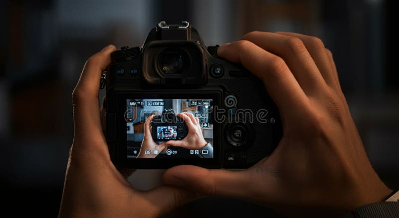 Eine Person hält eine Digitalkamera mit unendlicher Spiegelreflexwirkung auf lizenzfreie abbildung