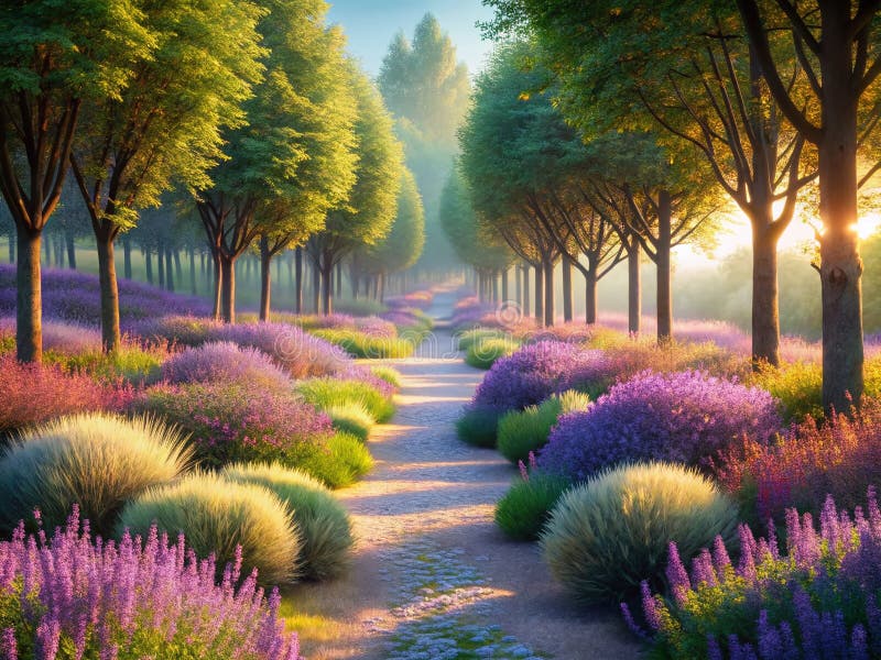 Eine pixelige Reise durch einen Serene LavenderScented Forest Path Architectural Fotografy Capture the Tranquile Beauty lizenzfreie abbildung