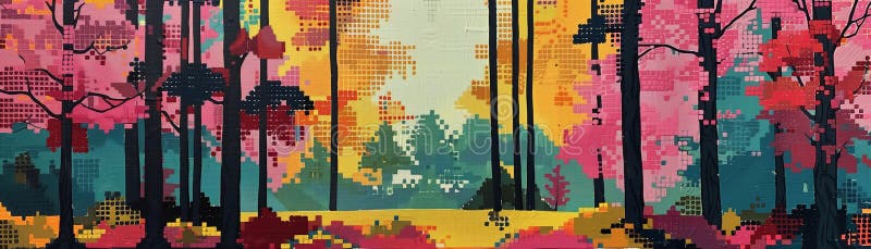 Eine pixelige Waldmalerei verbindet städtische Elemente mit natürlichen Formen, indem sie ein Spektrum lebendiger Farben nutzt, um vektor abbildung