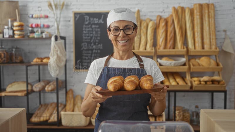 Eine reife hispanische Frau lächelt in einer Bäckerei, während sie eine Tablette frischer Croissants mit verschiedenen Brotsorten lizenzfreie stockfotos