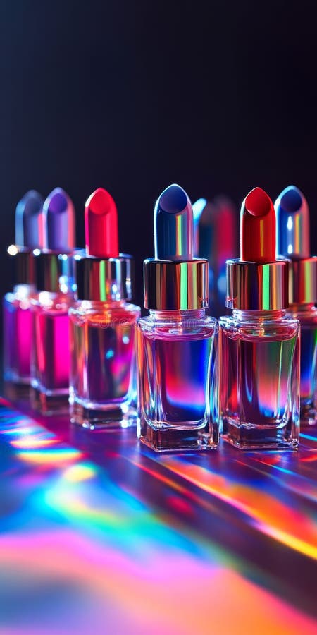 Eine Reihe farbiger Lippenstiche werden auf einer Tabelle angezeigt stock abbildung