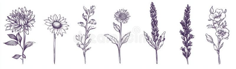 Eine Reihe handgezogener Blumen als Lagerelement auf transparentem Hintergrund stockbild