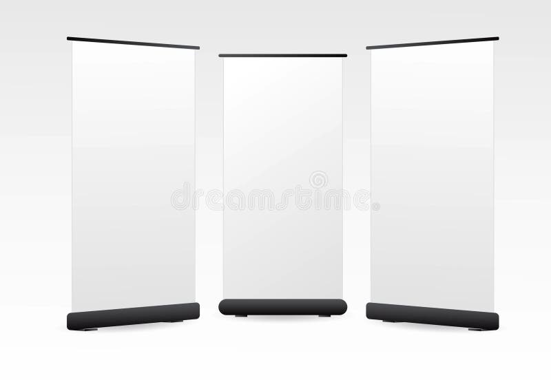 Eine Reihe realistischer Messebannerstände oder weißer Blanko-Ausstellungskiosk oder Stand Corporate Commercial 3D rendern. stock abbildung