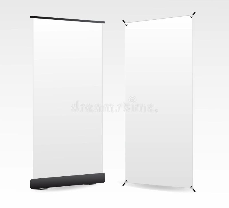 Eine Reihe realistischer Messebannerstände oder weißer Blanko-Ausstellungskiosk oder Stand Corporate Commercial 3D rendern. lizenzfreie abbildung