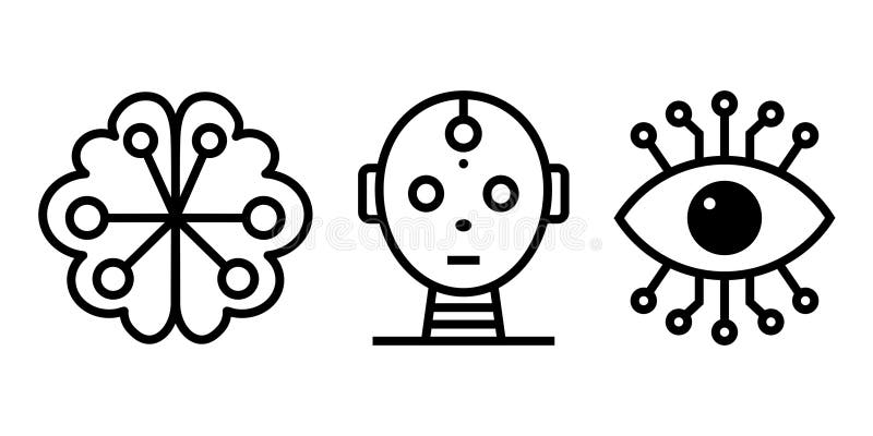 Eine Reihe von drei schwarzen Skizzen, die AI-Robotik und Cyber-Vision darstellen, die die neuronale künstliche Intelligenz symbol vektor abbildung