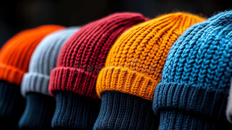 Eine Reihe von farbigen Strickhüten, die in einer Reihe angeordnet sind stockfoto