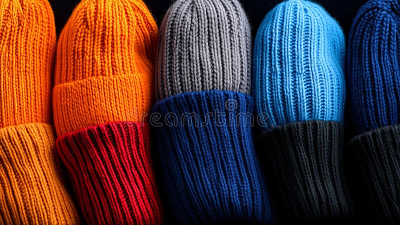 Eine Reihe von farbigen Strickhüten, die in einer Reihe angeordnet sind stockfotos