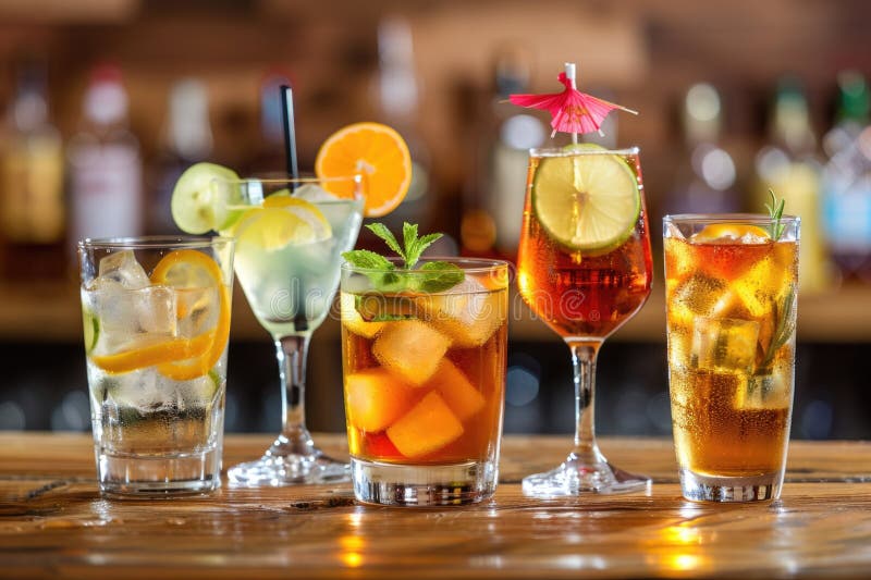Eine Reihe von Gläsern gefüllt mit verschiedenen Getränken, ideal für eine Party oder Café Szene lizenzfreies stockbild