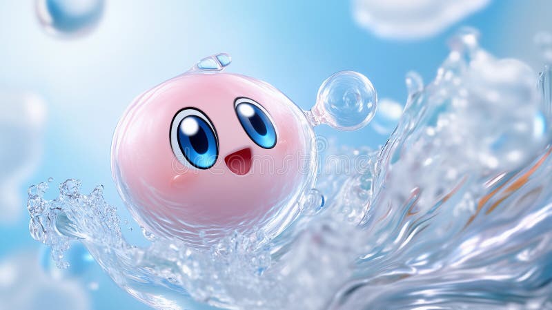Eine rosa Tropfkugel oder Seifenblase spritzt süß im Wasser. Hintergrund blaues Wasser mit Wellenbrechern an der Oberfläche. lizenzfreie abbildung