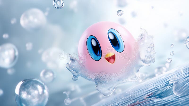 Eine rosa Tropfkugel oder Seifenblase spritzt süß im Wasser. Hintergrund blaues Wasser mit Wellenbrechern an der Oberfläche. vektor abbildung