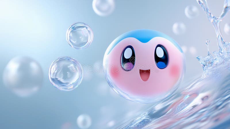 Eine rosa Tropfkugel oder Seifenblase spritzt süß im Wasser. Hintergrund blaues Wasser mit Wellenbrechern an der Oberfläche. vektor abbildung