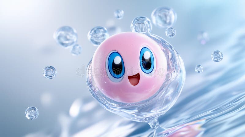 Eine rosa Tropfkugel oder Seifenblase spritzt süß im Wasser. Hintergrund blaues Wasser mit Wellenbrechern an der Oberfläche. vektor abbildung