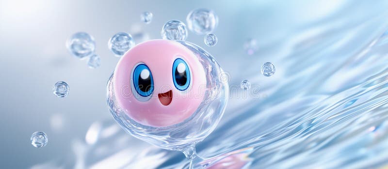 Eine rosa Tropfkugel oder Seifenblase spritzt süß im Wasser. Hintergrund blaues Wasser mit Wellenbrechern an der Oberfläche. stock abbildung