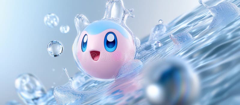 Eine rosa Tropfkugel oder Seifenblase spritzt süß im Wasser. Hintergrund blaues Wasser mit Wellenbrechern an der Oberfläche. stock abbildung