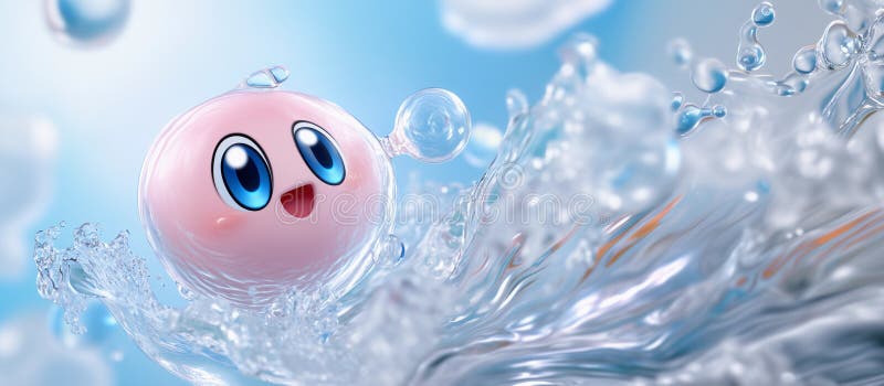 Eine rosa Tropfkugel oder Seifenblase spritzt süß im Wasser. Hintergrund blaues Wasser mit Wellenbrechern an der Oberfläche. stock abbildung