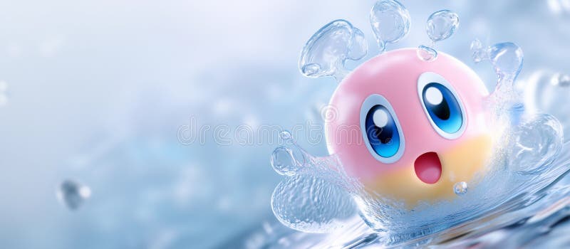 Eine rosa Tropfkugel oder Seifenblase spritzt süß im Wasser. Hintergrund blaues Wasser mit Wellenbrechern an der Oberfläche. stock abbildung