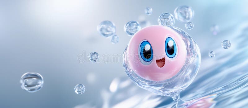 Eine rosa Tropfkugel oder Seifenblase spritzt süß im Wasser. Hintergrund blaues Wasser mit Wellenbrechern an der Oberfläche. lizenzfreie abbildung