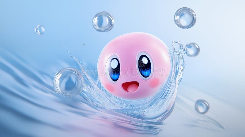 Eine rosa Tropfkugel oder Seifenblase spritzt süß im Wasser. Hintergrund blaues Wasser mit Wellenbrechern an der Oberfläche. lizenzfreie abbildung