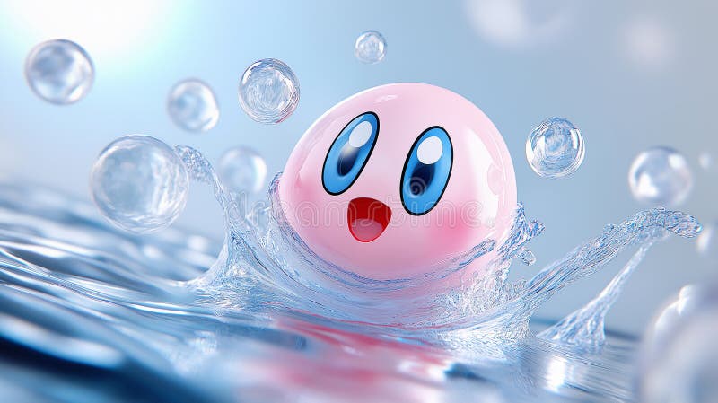 Eine rosa Tropfkugel oder Seifenblase spritzt süß im Wasser. Hintergrund blaues Wasser mit Wellenbrechern an der Oberfläche. vektor abbildung
