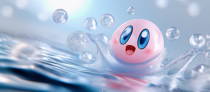 Eine rosa Tropfkugel oder Seifenblase spritzt süß im Wasser. Hintergrund blaues Wasser mit Wellenbrechern an der Oberfläche. lizenzfreie abbildung