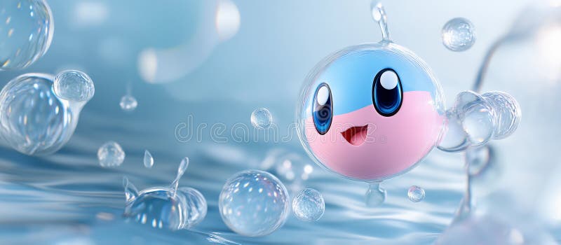 Eine rosa Tropfkugel oder Seifenblase spritzt süß im Wasser. Hintergrund blaues Wasser mit Wellenbrechern an der Oberfläche. vektor abbildung
