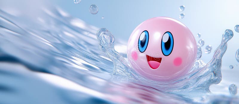 Eine rosa Tropfkugel oder Seifenblase spritzt süß im Wasser. Hintergrund blaues Wasser mit Wellenbrechern an der Oberfläche. stock abbildung