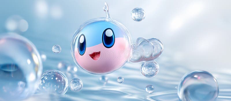 Eine rosa Tropfkugel oder Seifenblase spritzt süß im Wasser. Hintergrund blaues Wasser mit Wellenbrechern an der Oberfläche. stock abbildung