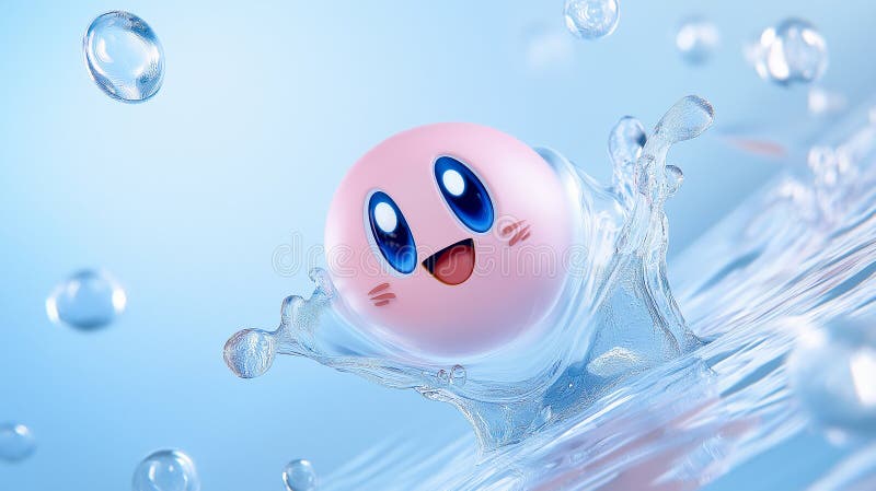 Eine rosa Tropfkugel oder Seifenblase spritzt süß im Wasser. Hintergrund blaues Wasser mit Wellenbrechern an der Oberfläche. lizenzfreie abbildung