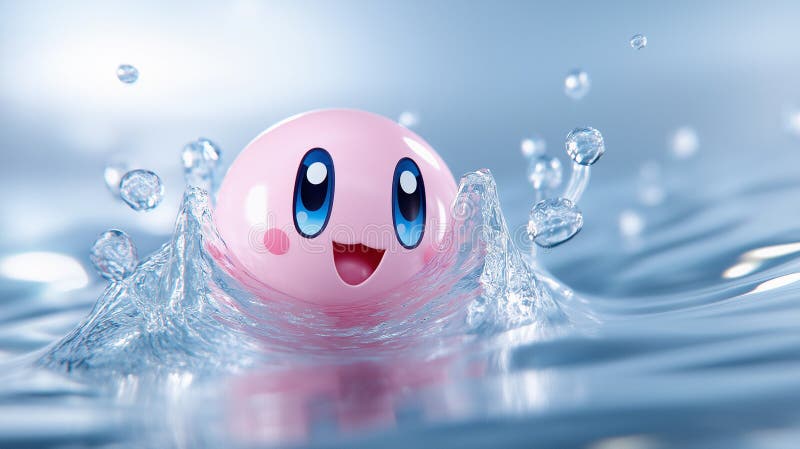 Eine rosa Tropfkugel oder Seifenblase spritzt süß im Wasser. Hintergrund blaues Wasser mit Wellenbrechern an der Oberfläche. vektor abbildung