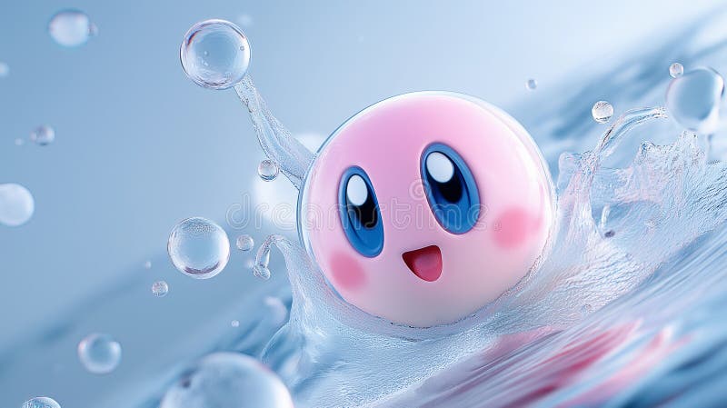 Eine rosa Tropfkugel oder Seifenblase spritzt süß im Wasser. Hintergrund blaues Wasser mit Wellenbrechern an der Oberfläche. stock abbildung