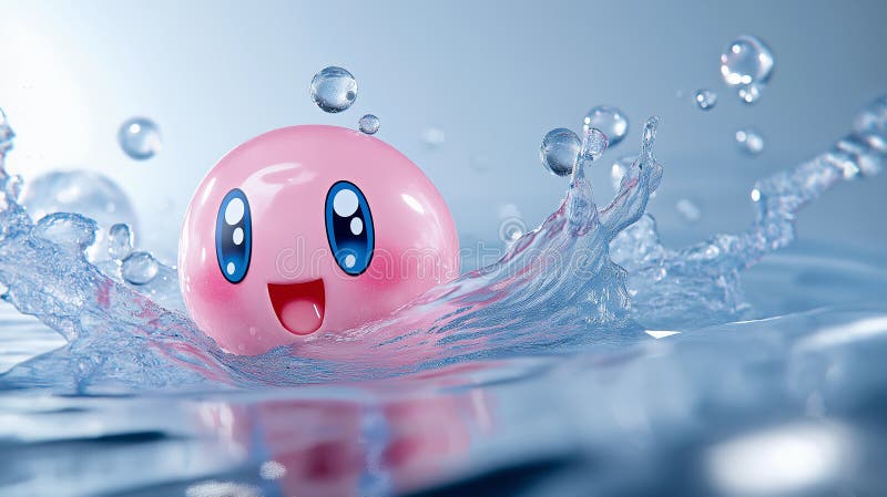 Eine rosa Tropfkugel oder Seifenblase spritzt süß im Wasser. Hintergrund blaues Wasser mit Wellenbrechern an der Oberfläche. stock abbildung