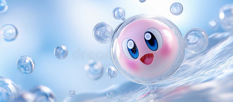 Eine rosa Tropfkugel oder Seifenblase spritzt süß im Wasser. Hintergrund blaues Wasser mit Wellenbrechern an der Oberfläche. lizenzfreie abbildung