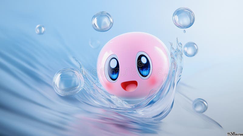 Eine rosa Tropfkugel oder Seifenblase spritzt süß im Wasser. Hintergrund blaues Wasser mit Wellenbrechern an der Oberfläche. stock abbildung