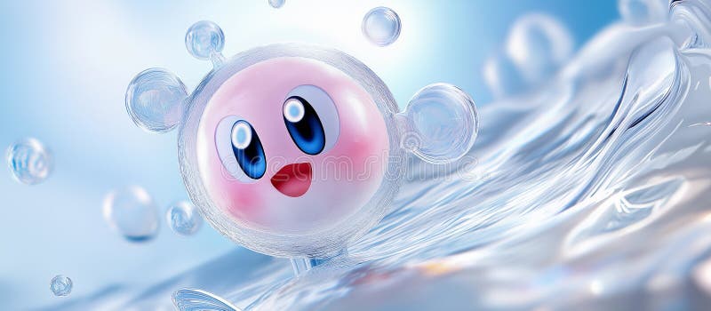 Eine rosa Tropfkugel oder Seifenblase spritzt süß im Wasser. Hintergrund blaues Wasser mit Wellenbrechern an der Oberfläche. vektor abbildung