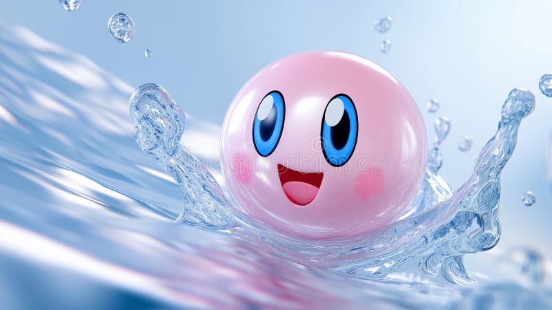 Eine rosa Tropfkugel oder Seifenblase spritzt süß im Wasser. Hintergrund blaues Wasser mit Wellenbrechern an der Oberfläche. stock abbildung