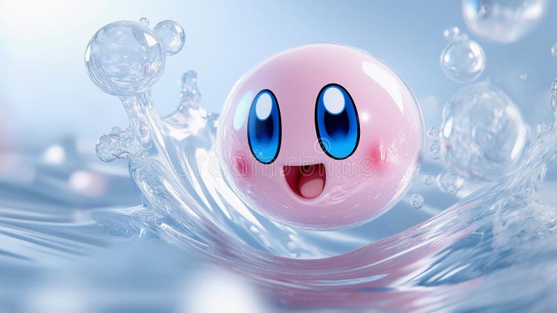 Eine rosa Tropfkugel oder Seifenblase spritzt süß im Wasser. Hintergrund blaues Wasser mit Wellenbrechern an der Oberfläche. stock abbildung