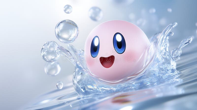 Eine rosa Tropfkugel oder Seifenblase spritzt süß im Wasser. Hintergrund blaues Wasser mit Wellenbrechern an der Oberfläche. vektor abbildung