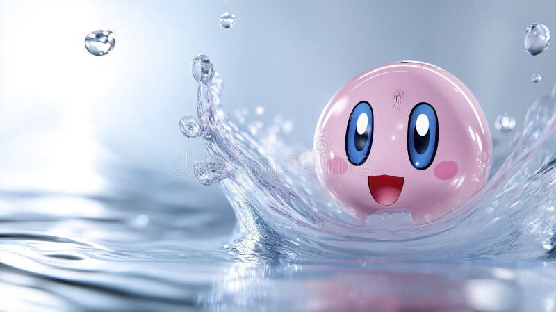 Eine rosa Tropfkugel oder Seifenblase spritzt süß im Wasser. Hintergrund blaues Wasser mit Wellenbrechern an der Oberfläche. lizenzfreie abbildung