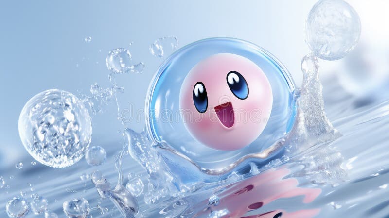 Eine rosa Tropfkugel oder Seifenblase spritzt süß im Wasser. Hintergrund blaues Wasser mit Wellenbrechern an der Oberfläche. stock abbildung