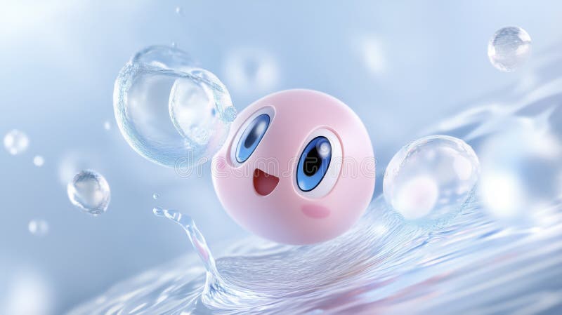 Eine rosa Tropfkugel oder Seifenblase spritzt süß im Wasser. Hintergrund blaues Wasser mit Wellenbrechern an der Oberfläche. vektor abbildung