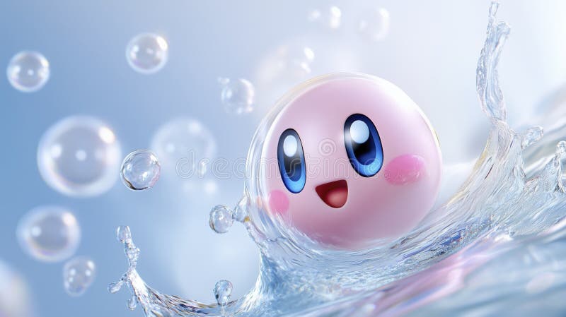 Eine rosa Tropfkugel oder Seifenblase spritzt süß im Wasser. Hintergrund blaues Wasser mit Wellenbrechern an der Oberfläche. stock abbildung