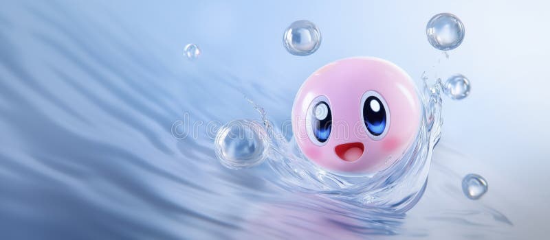 Eine rosa Tropfkugel oder Seifenblase spritzt süß im Wasser. Hintergrund blaues Wasser mit Wellenbrechern an der Oberfläche. vektor abbildung