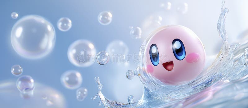 Eine rosa Tropfkugel oder Seifenblase spritzt süß im Wasser. Hintergrund blaues Wasser mit Wellenbrechern an der Oberfläche. vektor abbildung