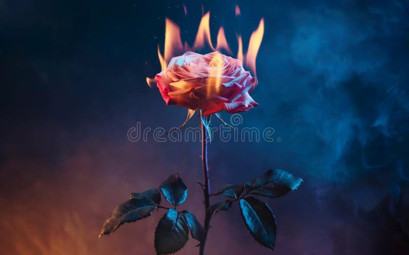 Eine Rose inmitten einer Feuerblase mit Flammen, die aus ihren Blättern und Stamm hervorgehen. stock abbildung