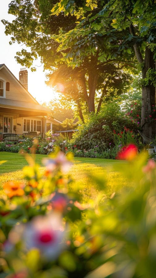 Eine ruhige Gartenlandschaft im sanften Licht des Sonnenuntergangs mit einem charmanten Haus umgeben von einer pulsierenden Landsc lizenzfreie stockfotografie